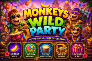Khỉ rừng tung chuối vàng tỏa ánh sáng bùng nổ biểu tượng trong C54 MONKEYS WILD PARTY