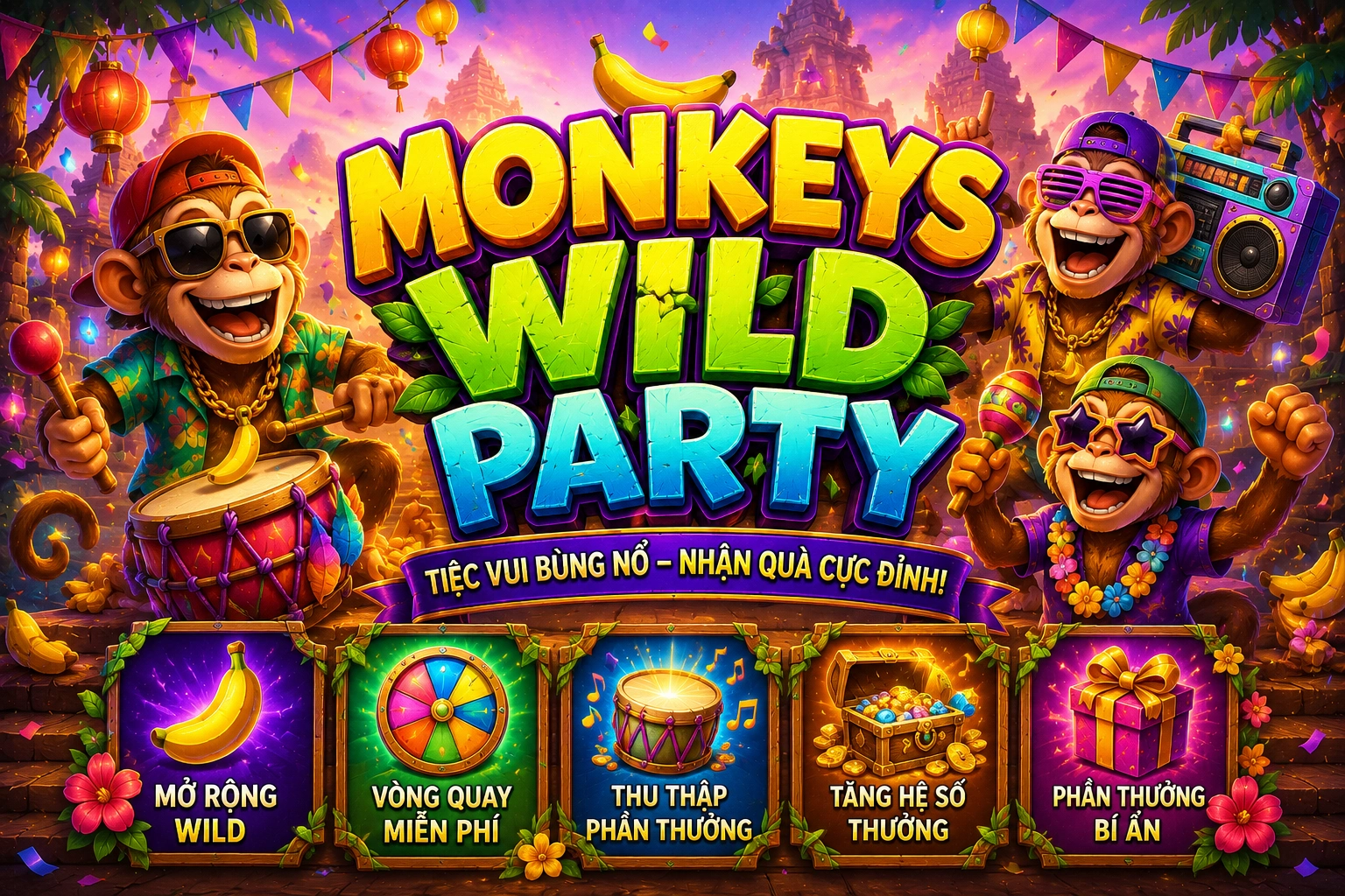 Khỉ rừng tung chuối vàng tỏa ánh sáng bùng nổ biểu tượng trong C54 MONKEYS WILD PARTY